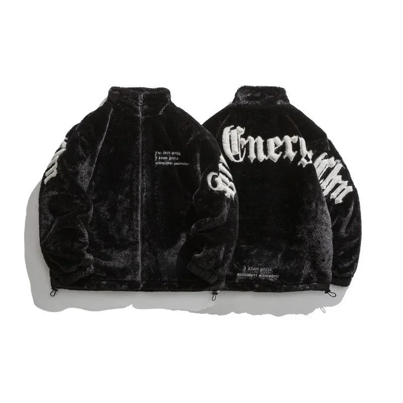 Black faux fur streetwear jacket with bold white lettering and relaxed fit