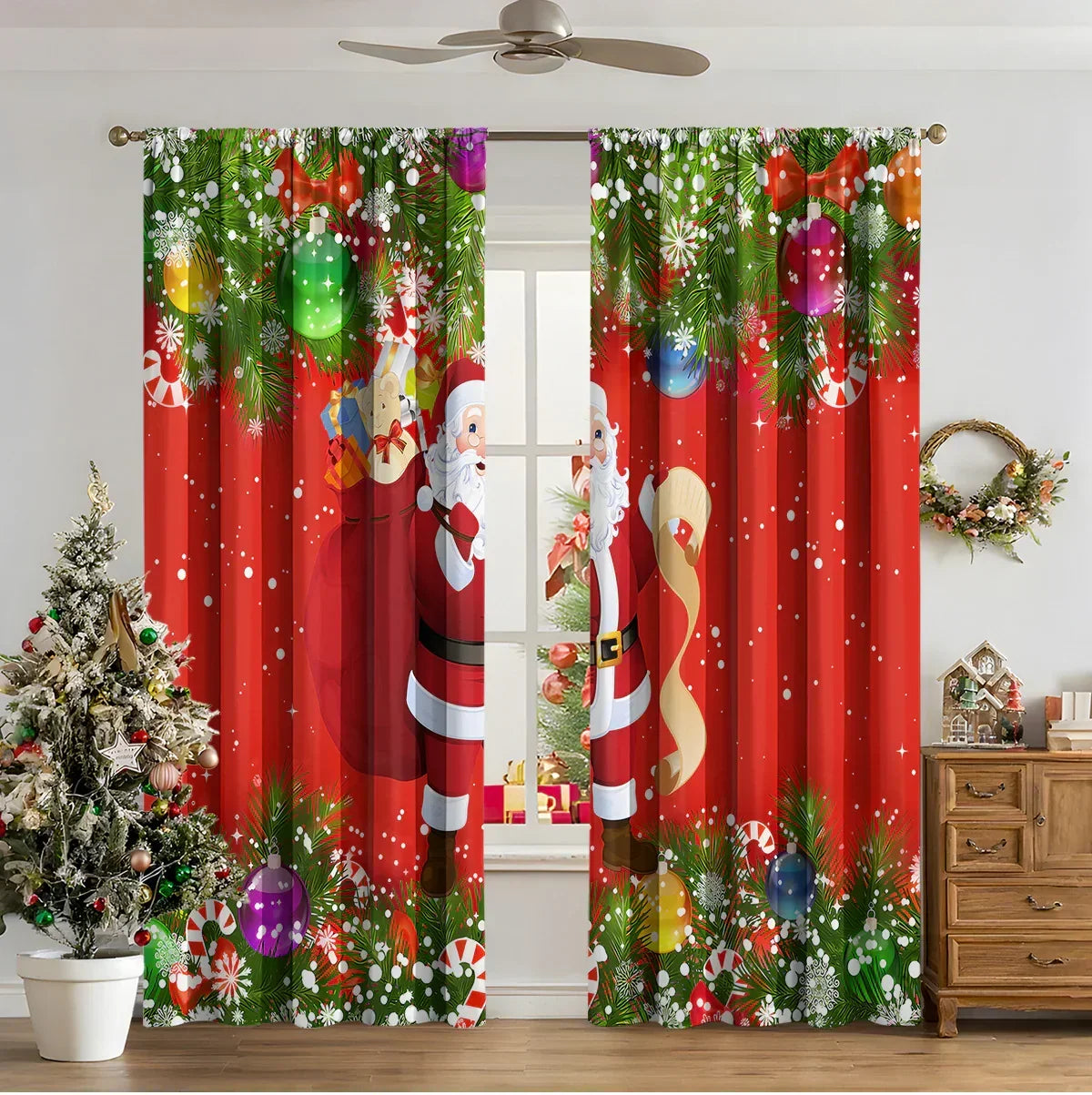 Red festive curtains with Santa Claus print, Christmas ornaments, and evergreen branches