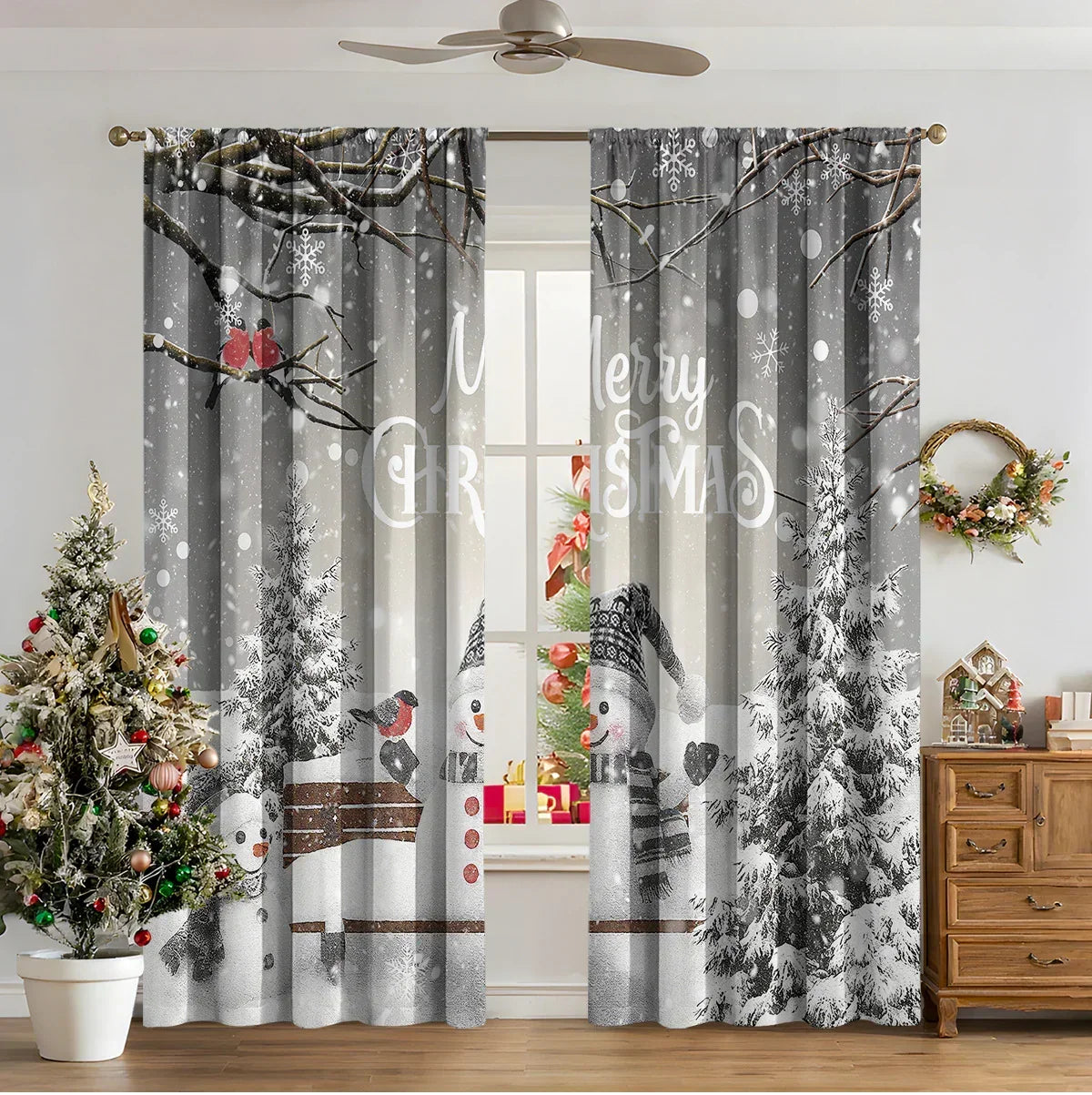 Gray winter-themed curtains with snowman and tree print, featuring a loose fit polyester material.