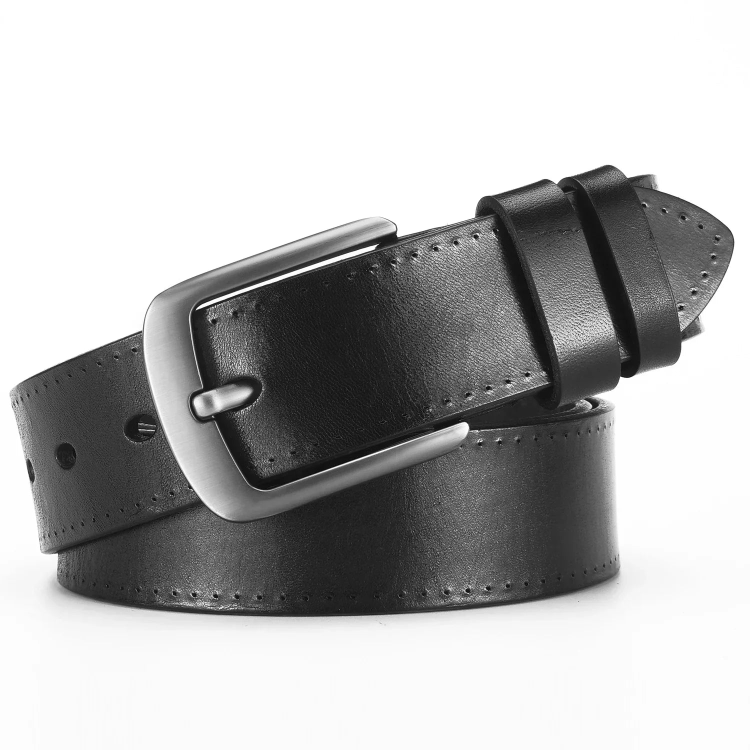 Black leather belt with silver buckle, classic style, smooth finish, adjustable fit
