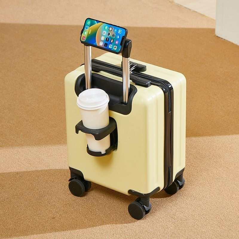 Beige hard-shell suitcase with cup holder and phone holder, modern travel accessory