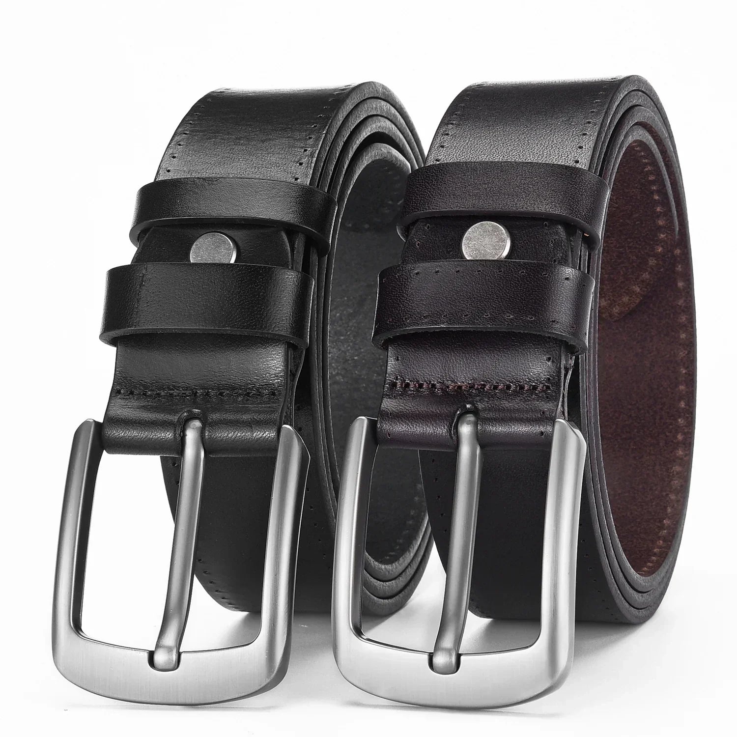 Two classic leather belts in black and dark brown with silver metal buckles, wide fit.