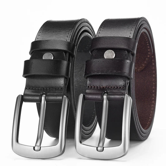 Two classic leather belts in black and dark brown with silver metal buckles, wide fit.