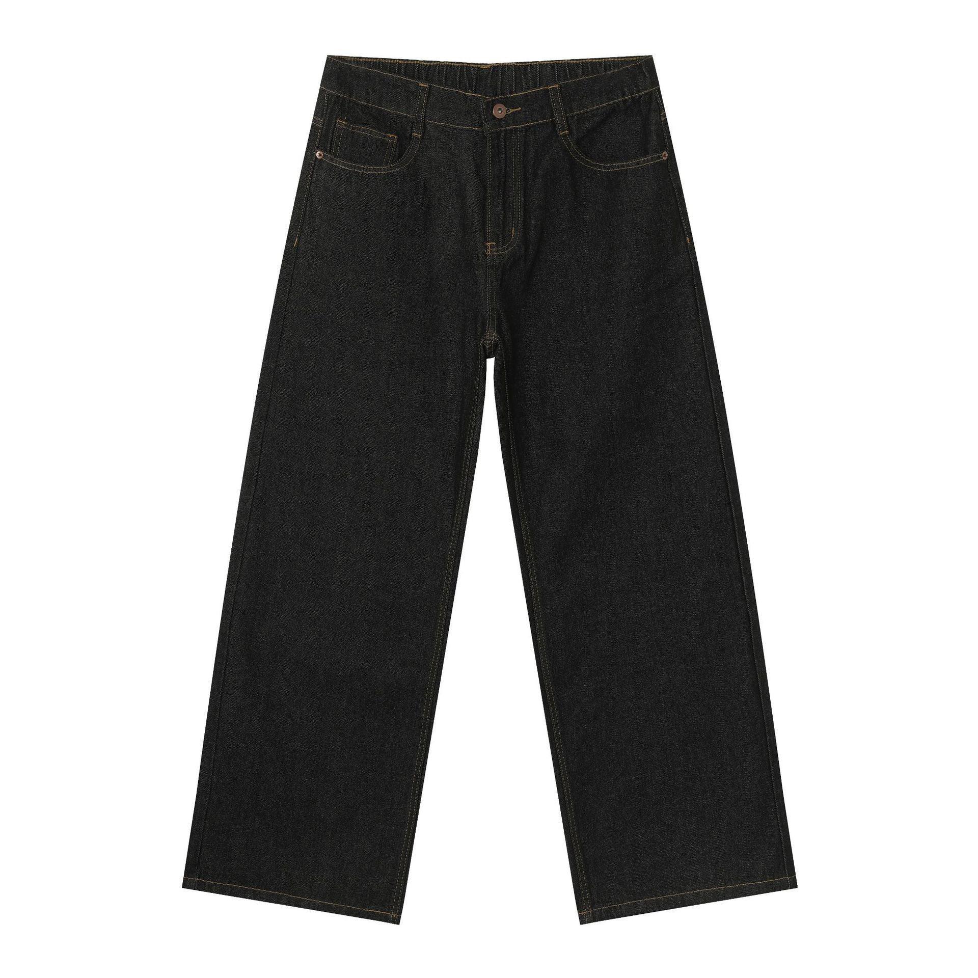 Wide leg black denim jeans with straight fit and contrast stitching, streetwear style