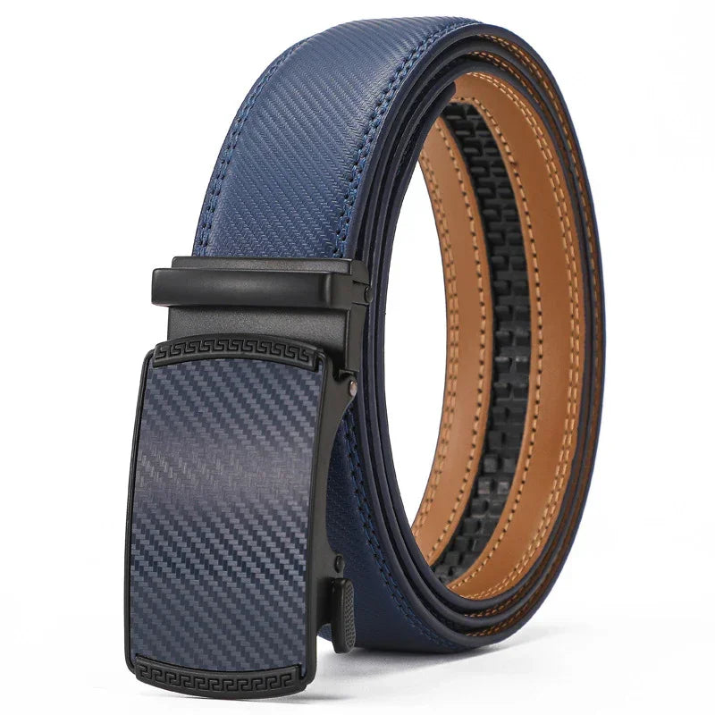 Blue leather belt with a carbon fiber pattern buckle and adjustable ratchet fit