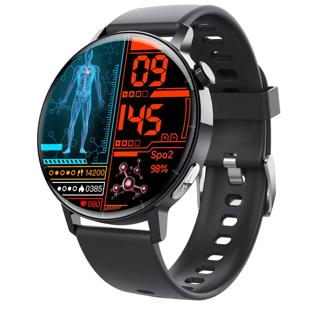 Black digital smart watch with round face, health tracking display, and silicone strap