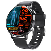 Black digital smart watch with round face, health tracking display, and silicone strap