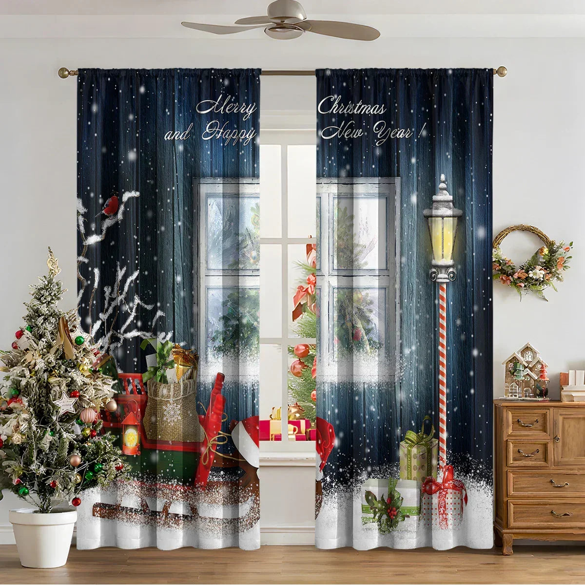 Festive Christmas living room with decorated tree, snow-themed curtains, and gift boxes