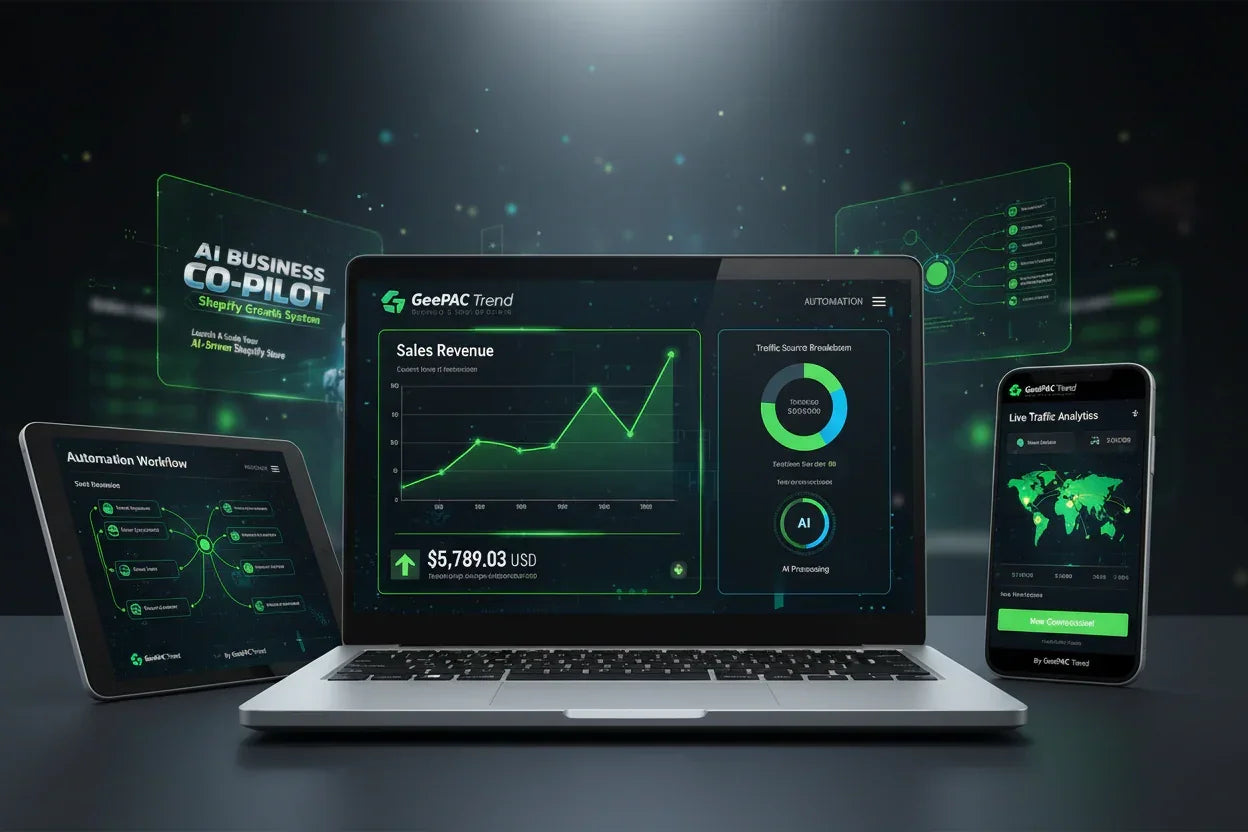 Futuristic dashboard displays on laptop, tablet, and smartphone showing business analytics with neon green interface.