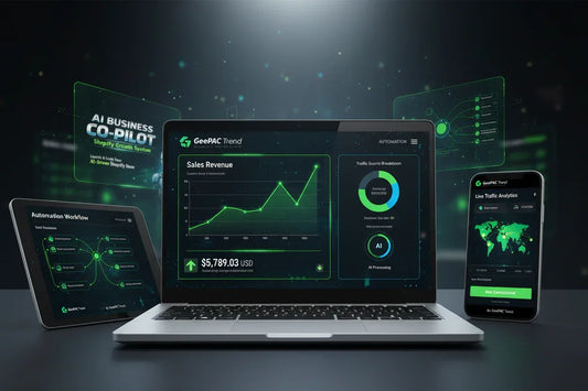 Futuristic dashboard displays on laptop, tablet, and smartphone showing business analytics with neon green interface.