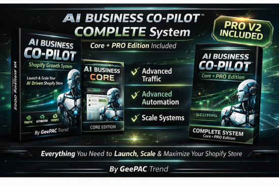 AI Business Co-Pilot Complete System packaging with Core and Pro Editions on a dark background.