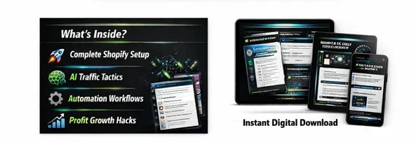 Digital products displayed on tablet and smartphone screens, featuring dark tech-themed interface.