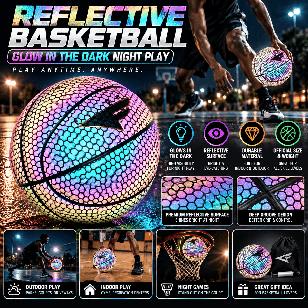 Reflective basketball with glow-in-the-dark coating and hexagonal pattern, designed for night play, vibrant colors, SKU: CJYDQTJM00875-Purple
