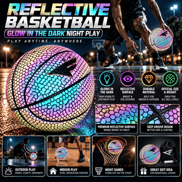 Reflective basketball with glow-in-the-dark coating and hexagonal pattern, designed for night play, vibrant colors, SKU: CJYDQTJM00875-Purple