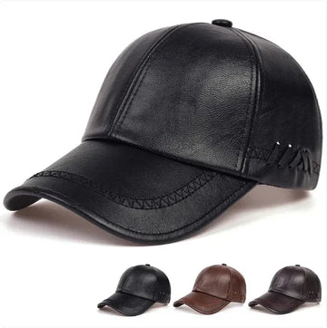 Leather baseball cap in black, brown, and dark brown with structured fit and stitched details