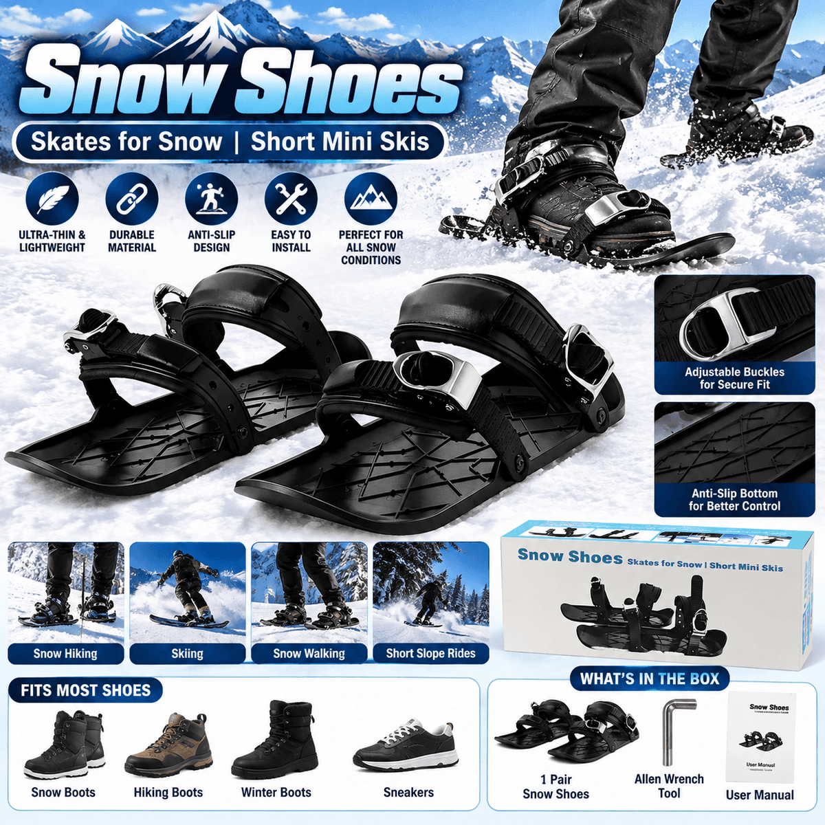 Black mini ski skates with adjustable buckles, anti-slip bottom, designed for outdoor winter sports, perfect for snowboarding and skiing