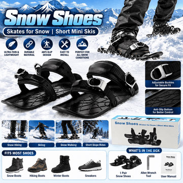 Black mini ski skates with adjustable buckles, anti-slip bottom, designed for outdoor winter sports, perfect for snowboarding and skiing