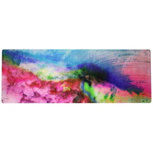 Rectangular rubber mat with vibrant abstract colorful suede surface, gradient pink, blue, and green hues.