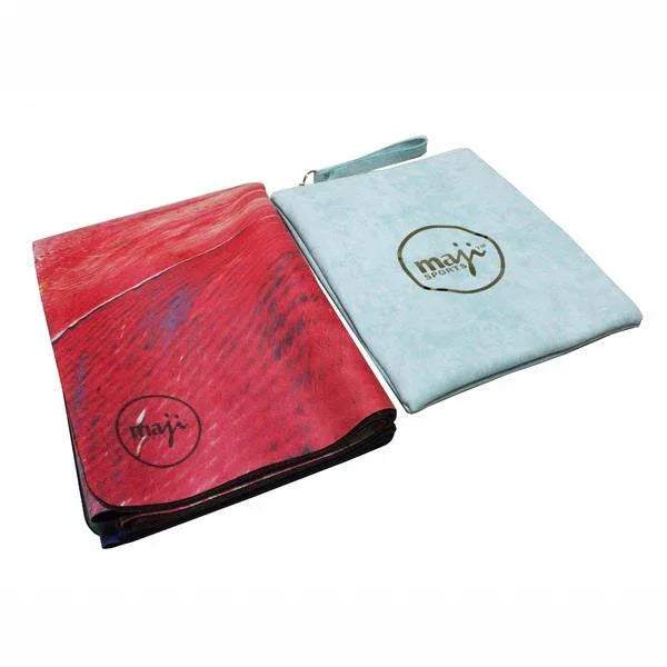 Folded red and light blue suede bags with smooth texture and soft structure