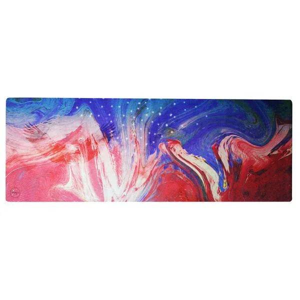 Rectangular suede and rubber mat with abstract red, white, and blue swirl design