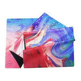 Colorful abstract print suede rubber mat with vibrant red, blue, and purple swirls