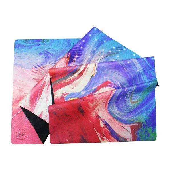 Colorful abstract print suede rubber mat with vibrant red, blue, and purple swirls