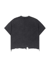 Black distressed t-shirt on a white background