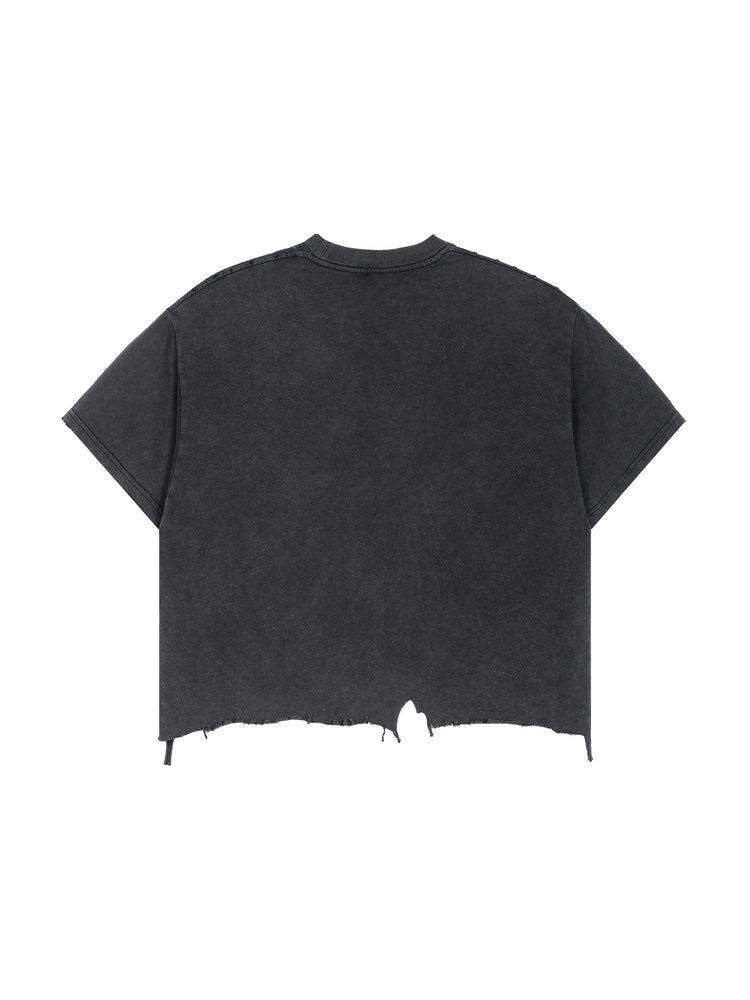 Black distressed t-shirt on a white background