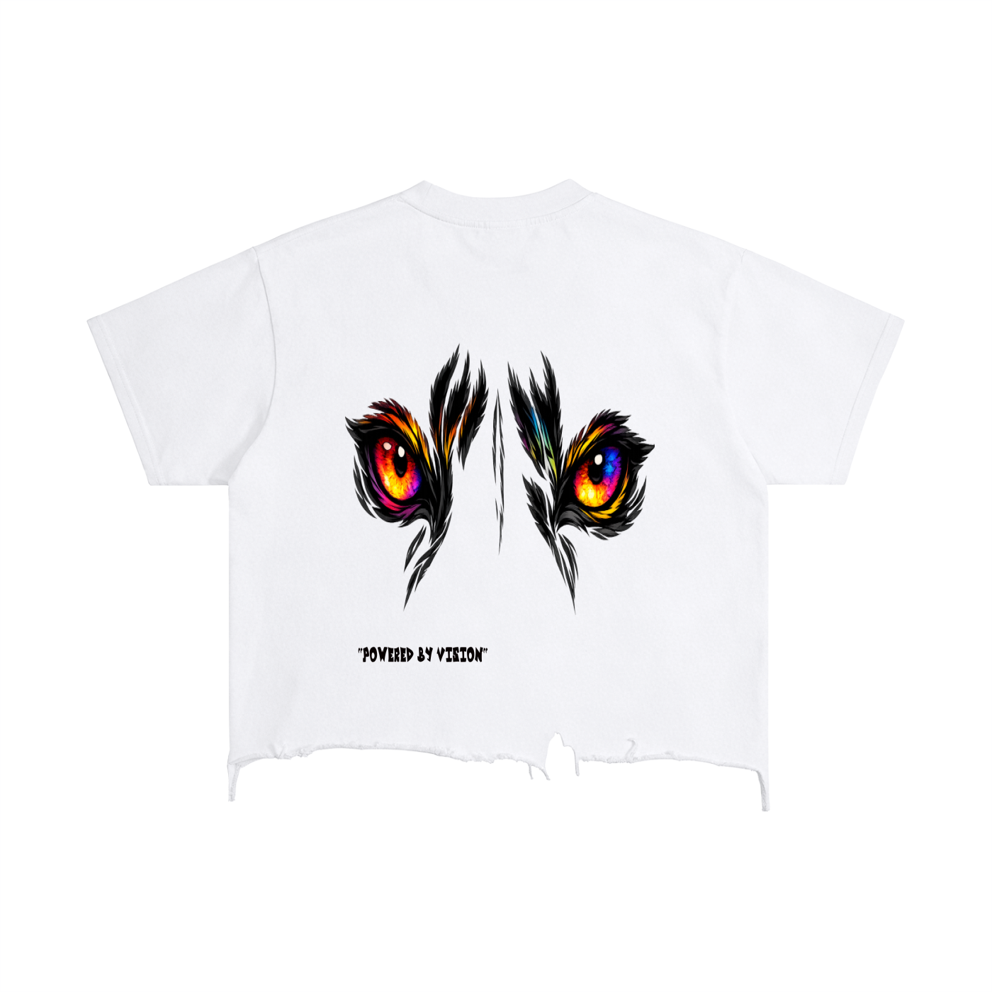 White t-shirt with colorful eye design and &
