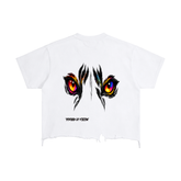 White t-shirt with colorful eye design and &