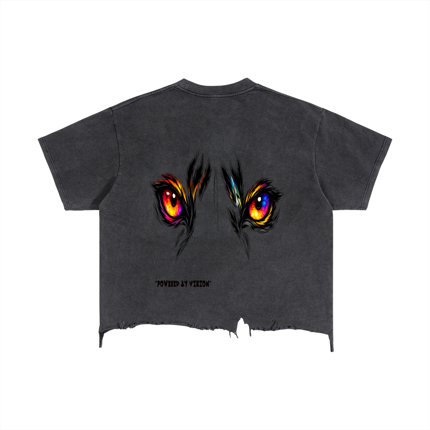 Black t-shirt with colorful eye design on a white background