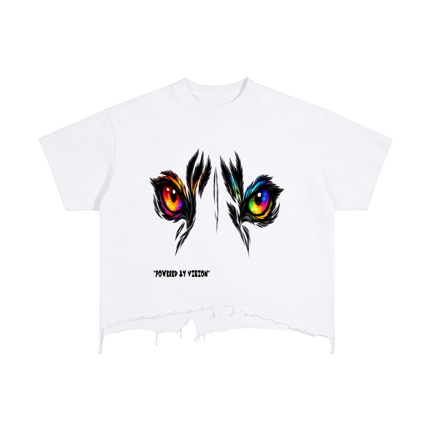 White t-shirt with colorful eye design and &