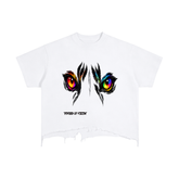 White t-shirt with colorful eye design and &