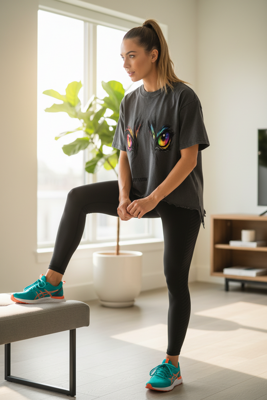 Black vintage wash boxy t-shirt with colorful tiger eye graphic and distressed hem on white background