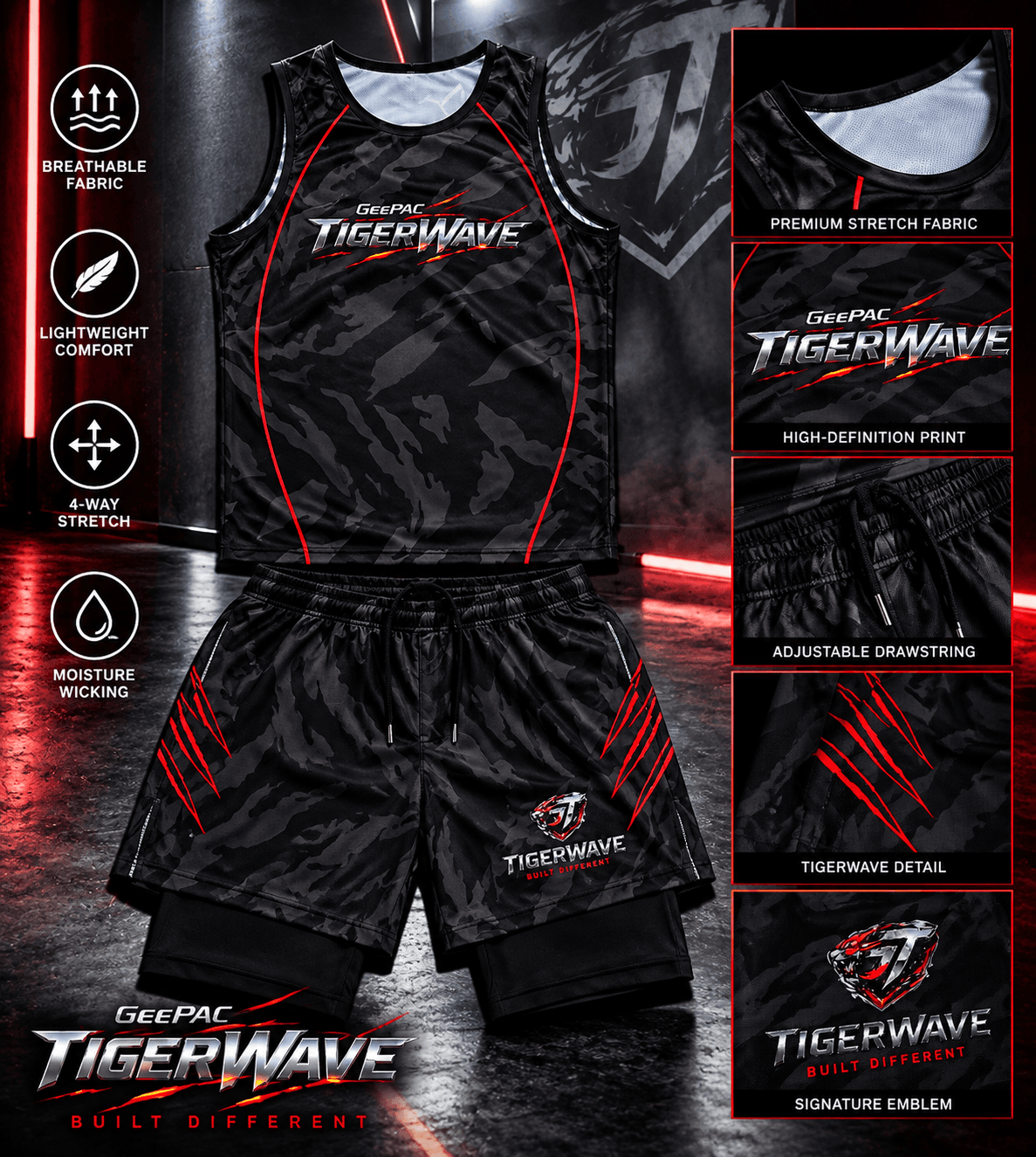 Black athletic tank top with TigerWave logo and red tiger stripe details, made from breathable, moisture-wicking fabric for performance.