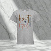 Heather gray short sleeve t-shirt with inspirational text graphic, relaxed fit, cotton blend.