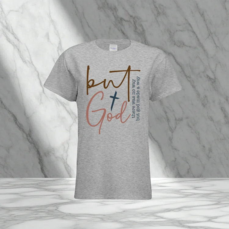 Heather gray short sleeve t-shirt with inspirational text graphic, relaxed fit, cotton blend.