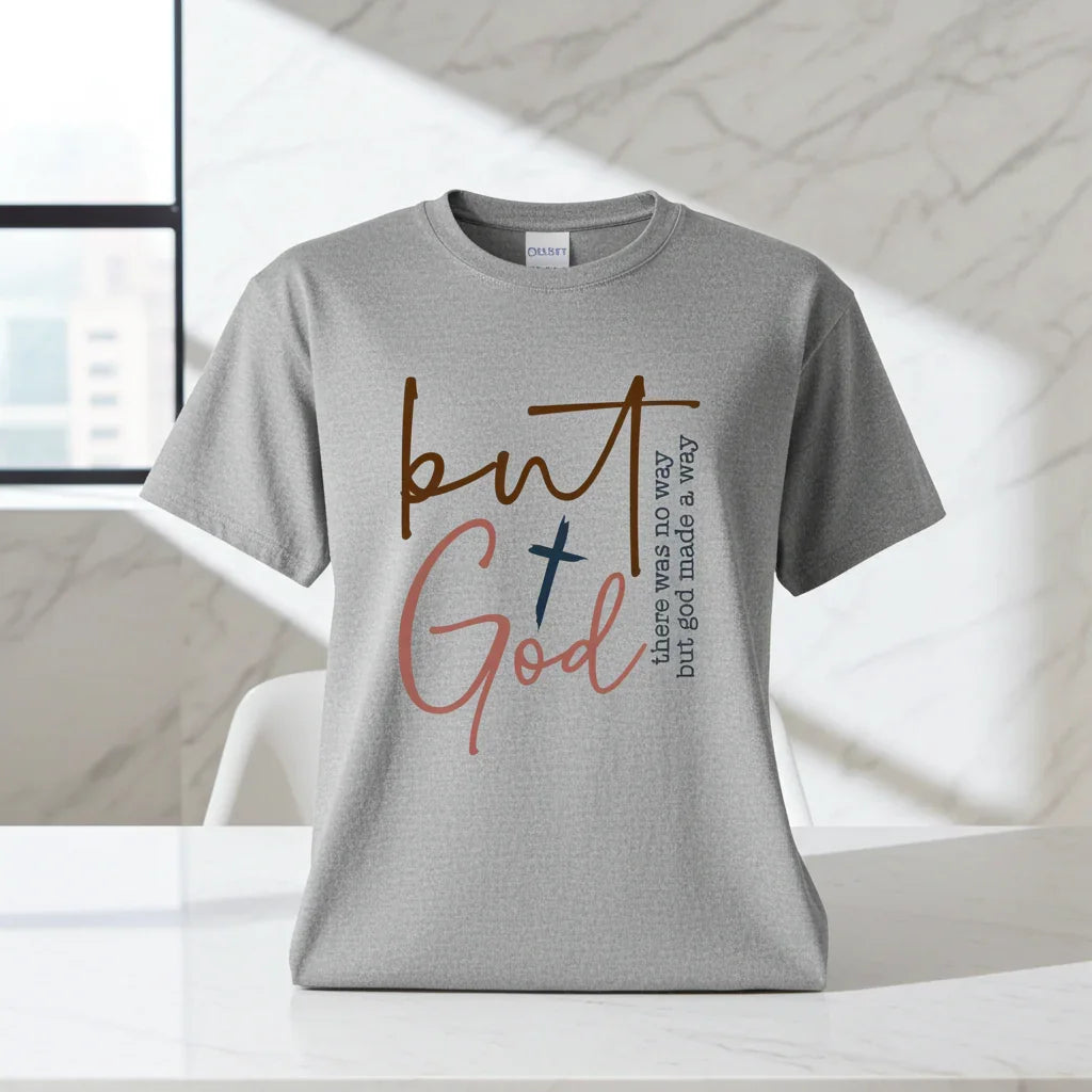 Light gray cotton t-shirt with modern faith-inspired graphic text, relaxed unisex fit