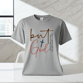 Light gray cotton t-shirt with modern faith-inspired graphic text, relaxed unisex fit
