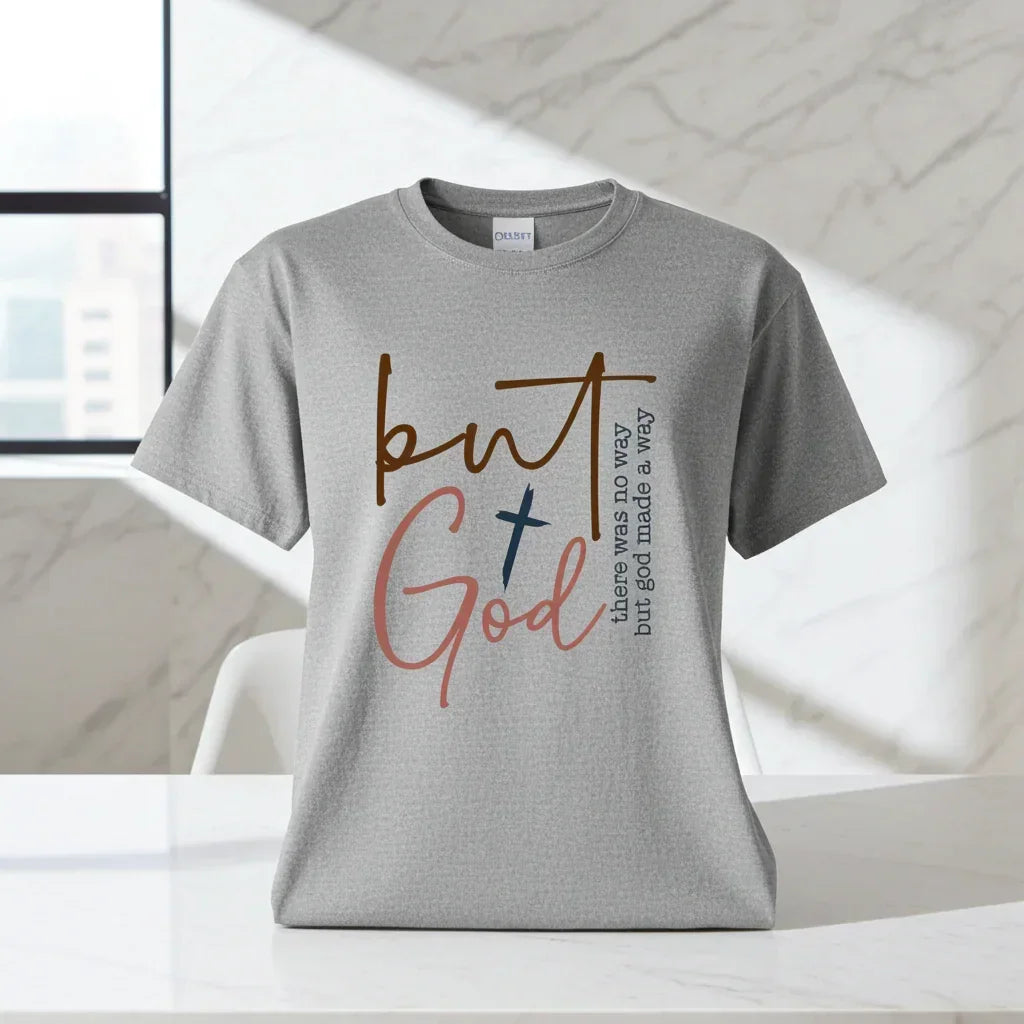 Light gray cotton t-shirt with modern faith-inspired graphic text, relaxed unisex fit