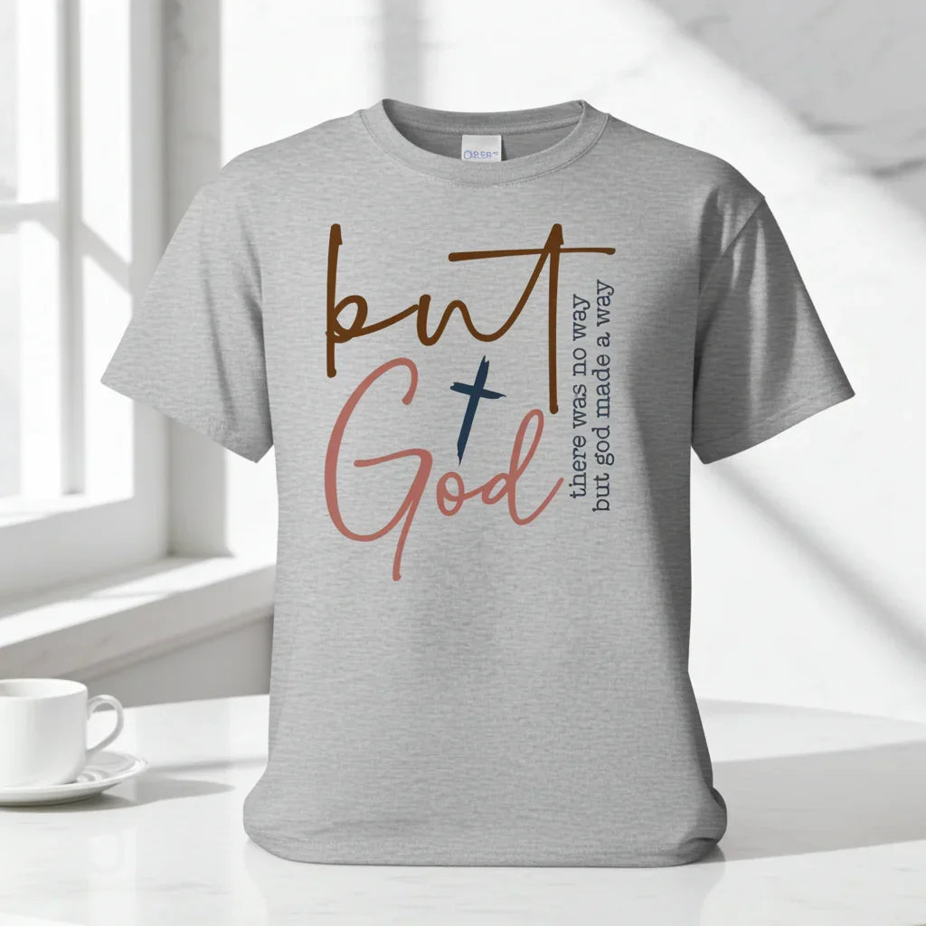 Light gray unisex t-shirt with bold multicolor inspirational text graphic, relaxed fit, cotton material.