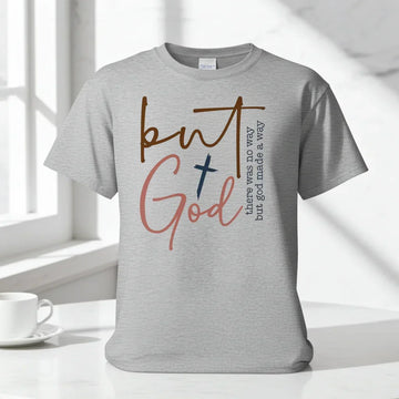 Light gray unisex t-shirt with bold multicolor inspirational text graphic, relaxed fit, cotton material.