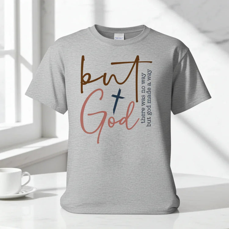 Light gray unisex t-shirt with bold multicolor inspirational text graphic, relaxed fit, cotton material.