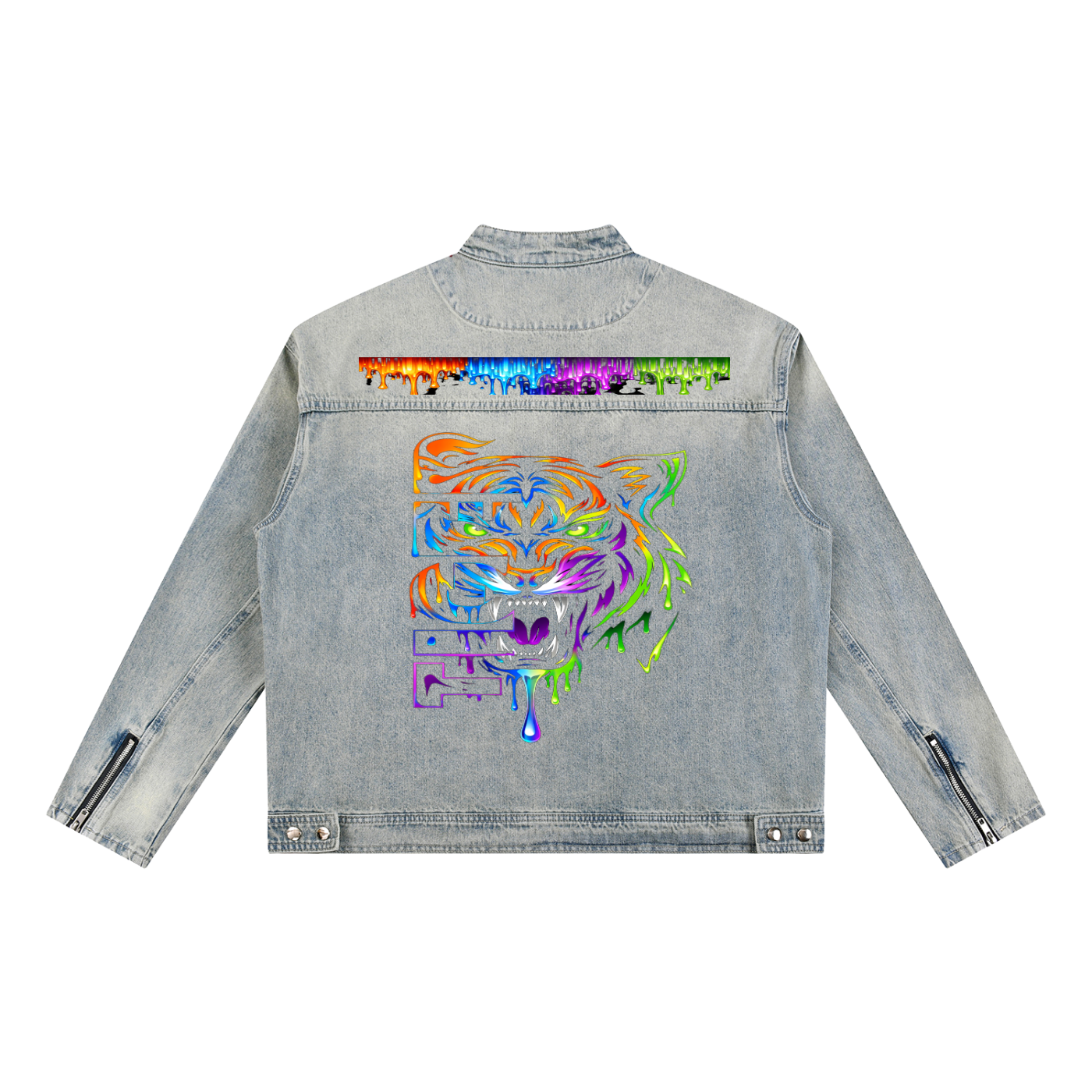 Gray denim jacket with a colorful tiger design on the back against a white background
