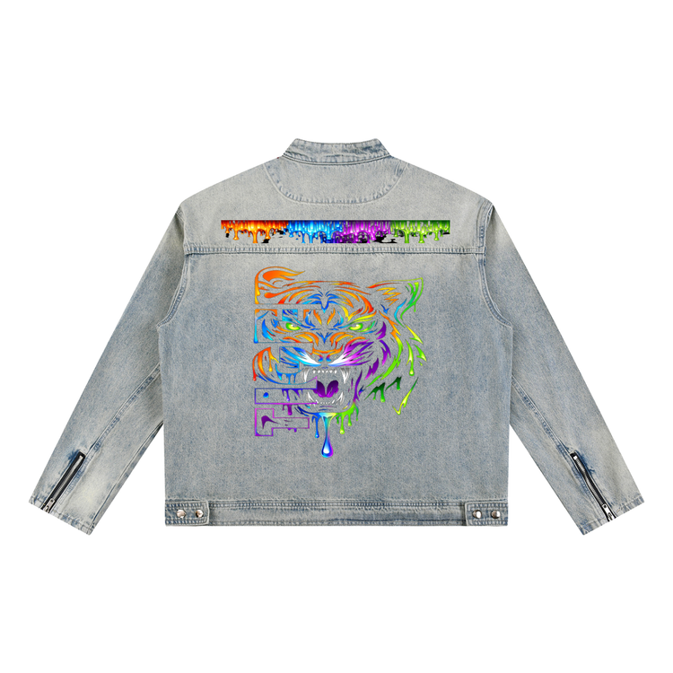 Gray denim jacket with a colorful tiger design on the back against a white background