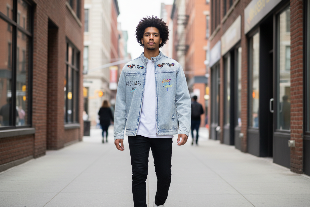 Man wearing a denim jacket with colorful patches on a city street.