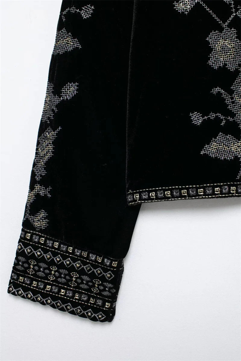 Black velvet sleeve with silver embroidery and geometric patterned cuff, relaxed fit