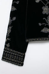 Black velvet sleeve with silver embroidery and geometric patterned cuff, relaxed fit
