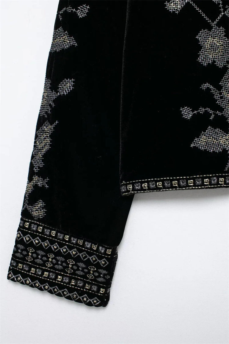 Black velvet sleeve with silver embroidery and geometric patterned cuff, relaxed fit