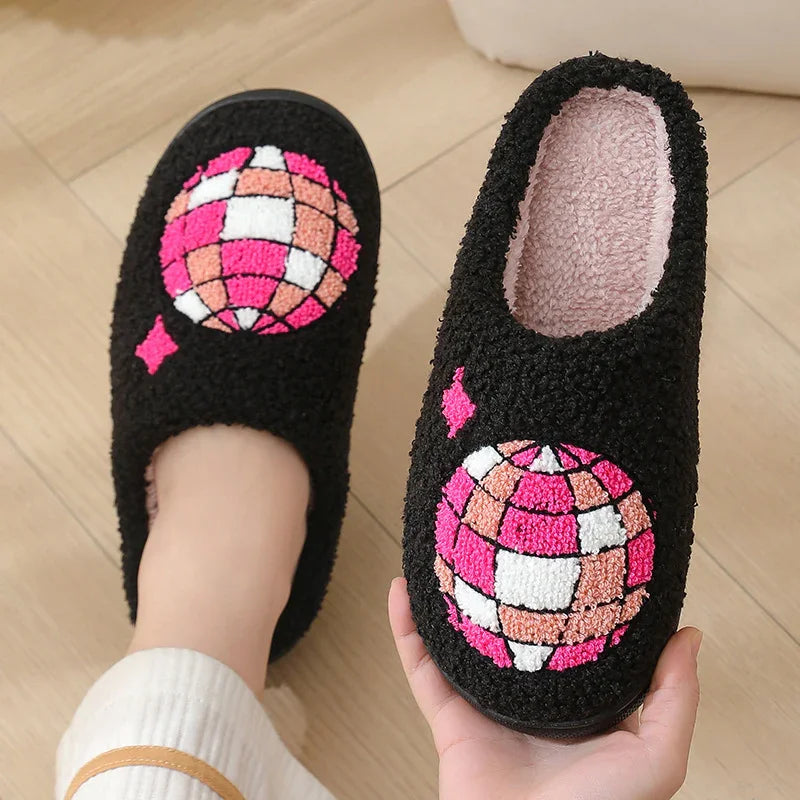 Black fuzzy slippers with colorful pink and white disco ball embroidery, cozy indoor slip-ons